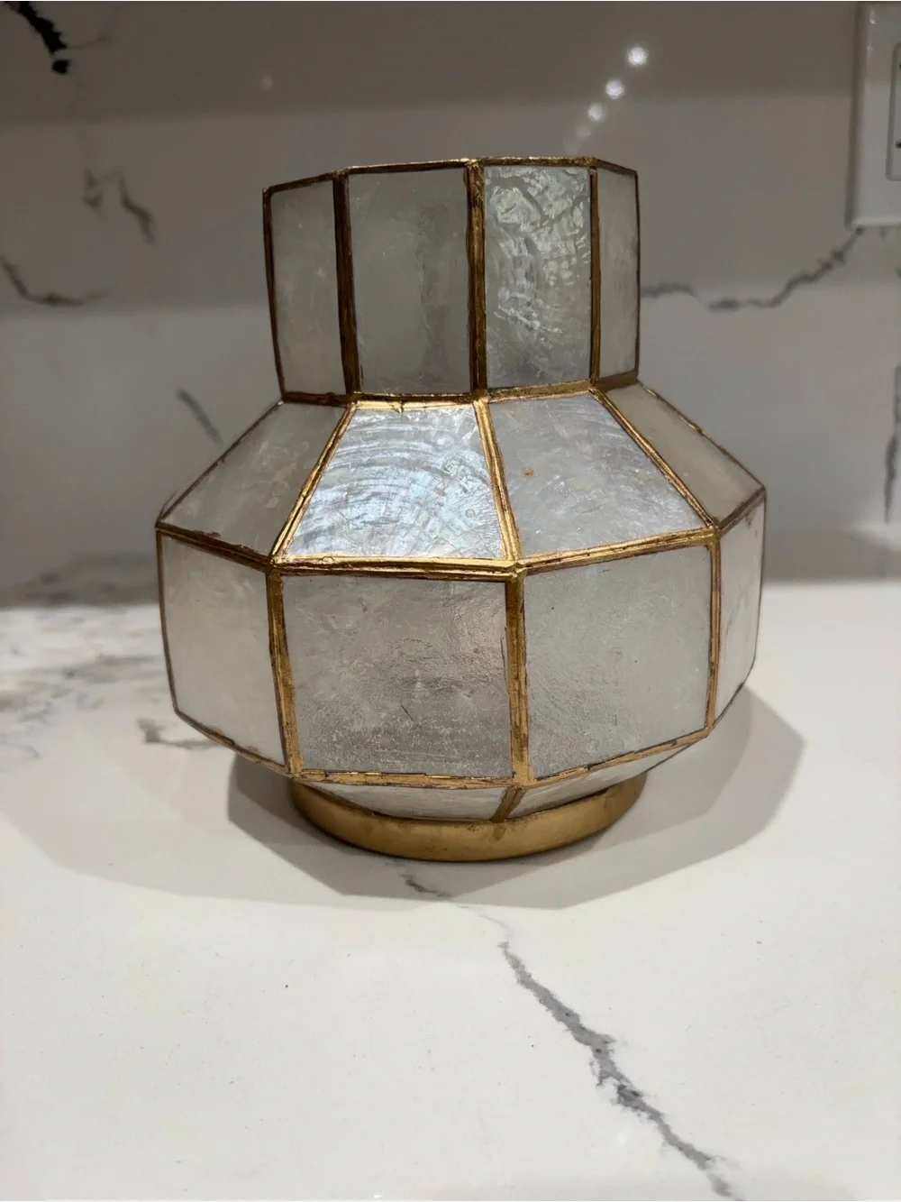 Vintage White Capiz and Gold Accent Decorative candle holder